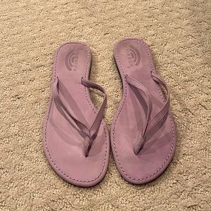 Lavender purple rainbow leather flip flops